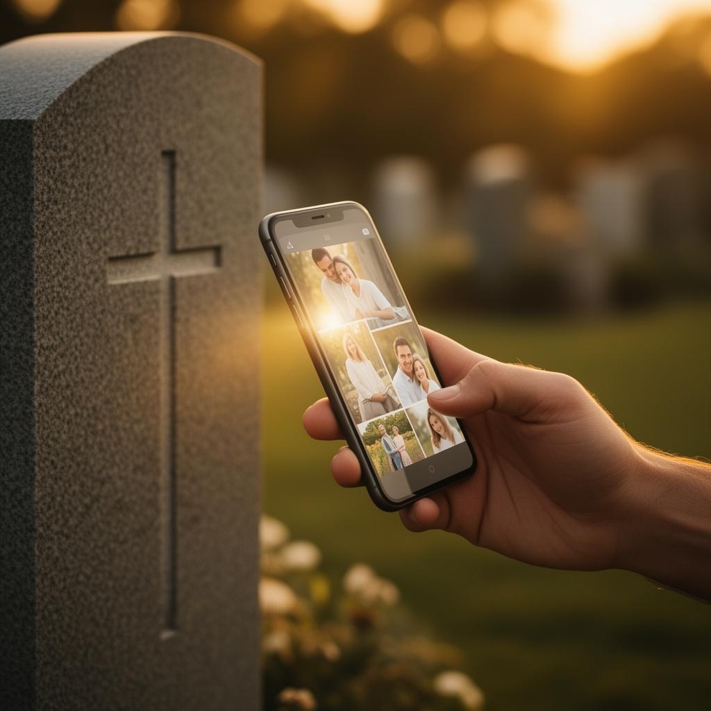 Smartphone berührt NFC-Chip am Grabstein